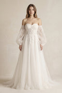 Long Sleeves Tulle A - Line Off - the - Shoulder Wedding Dress in White - SHE IS ME Wedding Dresses