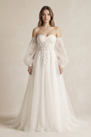 Long Sleeves Tulle A - Line Off - the - Shoulder Wedding Dress in White - SHE IS ME Wedding Dresses