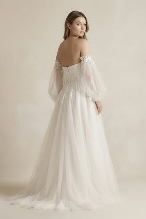 Long Sleeves Tulle A - Line Off - the - Shoulder Wedding Dress in White - SHE IS ME Wedding Dresses