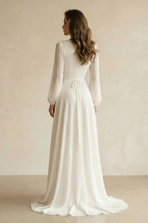 Long Sleeves V - Neck Chiffon A - Line Wedding Dress in White - SHE IS ME Wedding Dresses