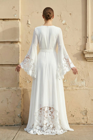 Long Sleeves V Neck Lace Wedding Dress in White - SHE IS ME Wedding Dresses