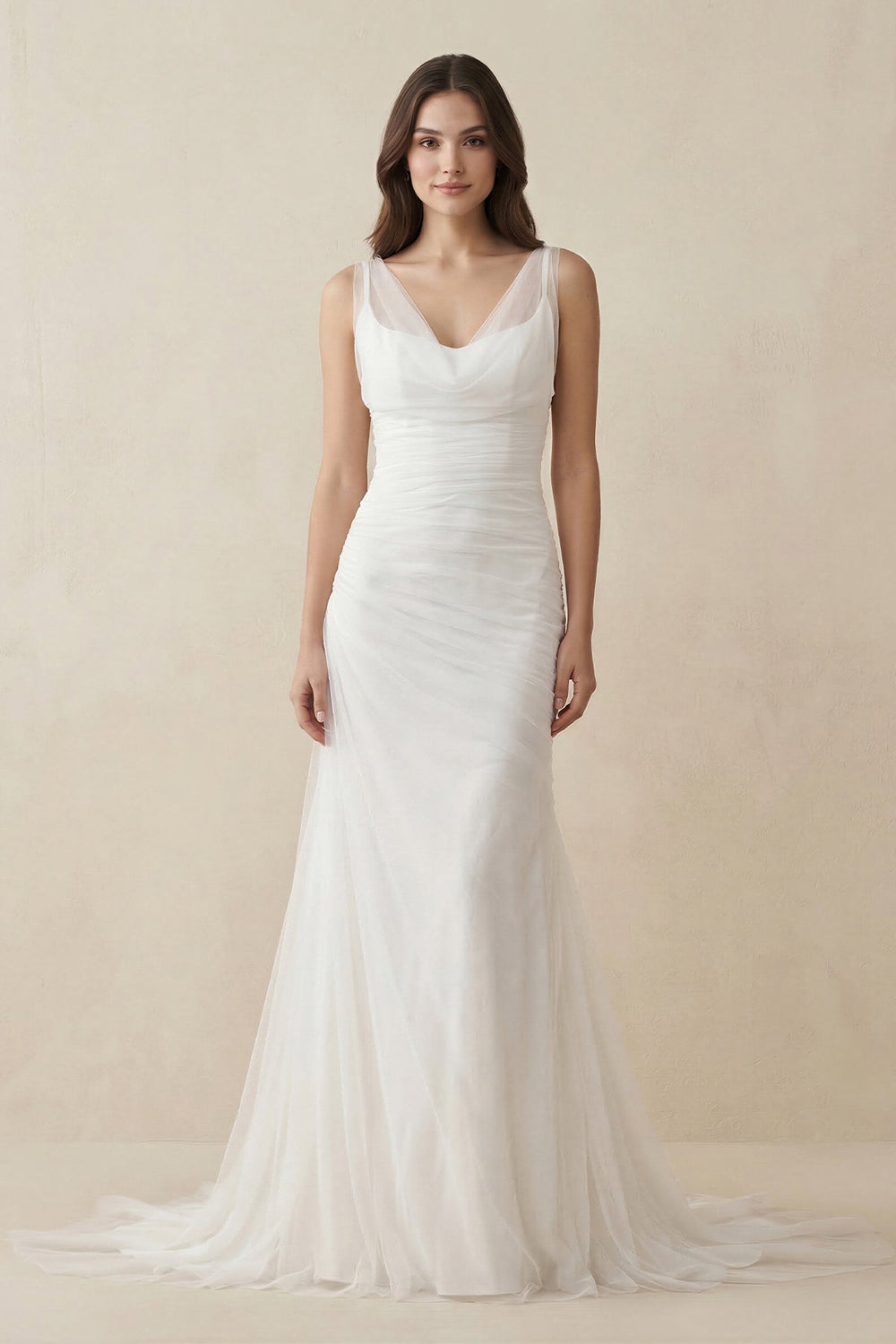 Mermaid Cowl Neck Tulle Wedding Dress in White - SHE IS ME Wedding Dresses