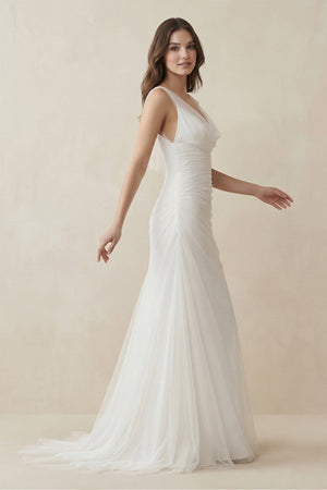 Mermaid Cowl Neck Tulle Wedding Dress in White - SHE IS ME Wedding Dresses