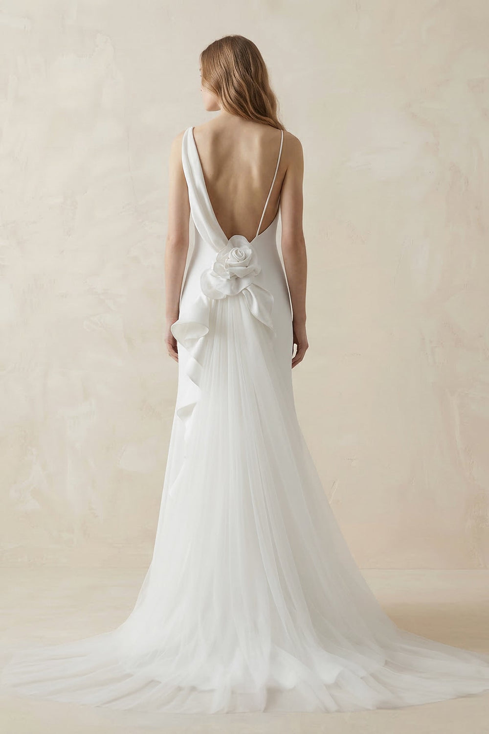 Mermaid Crepe Cowl Neck Wedding Dress with Train in White - SHE IS ME Wedding Dresses