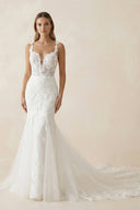Mermaid Lace V Neck Wedding Dress in White - SHE IS ME Wedding Dresses