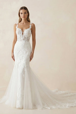 Mermaid Lace V Neck Wedding Dress in White - SHE IS ME Wedding Dresses