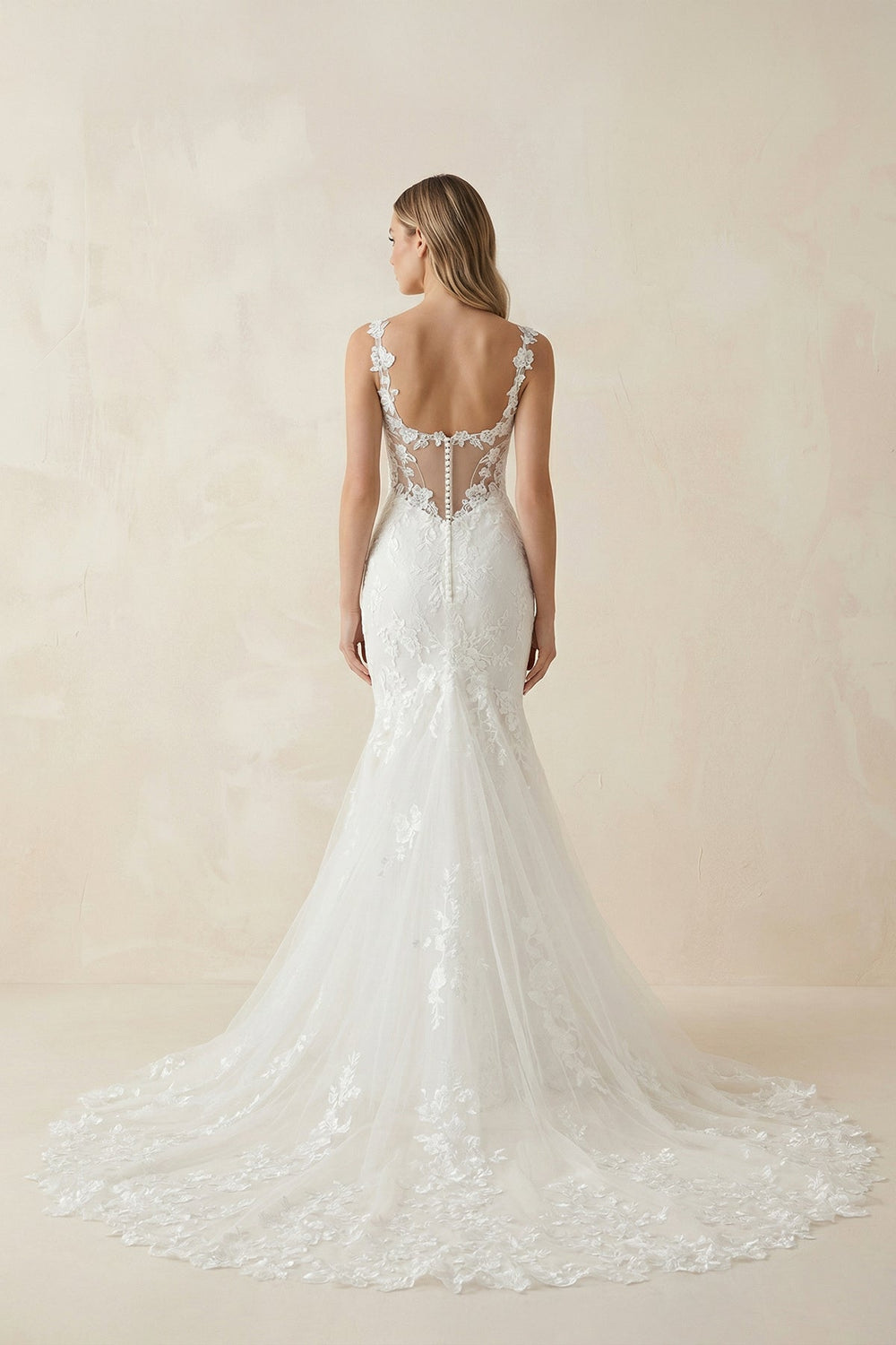 Mermaid Lace V Neck Wedding Dress in White - SHE IS ME Wedding Dresses