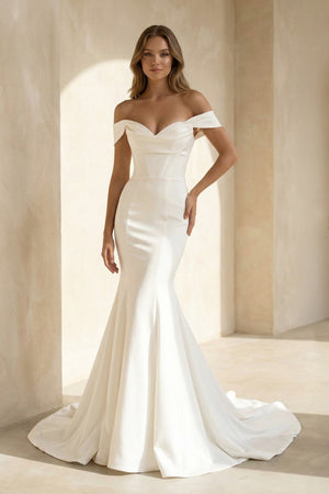 Mermaid Off - the - Shoulder Satin Wedding Dress - SHE IS ME Wedding Dresses