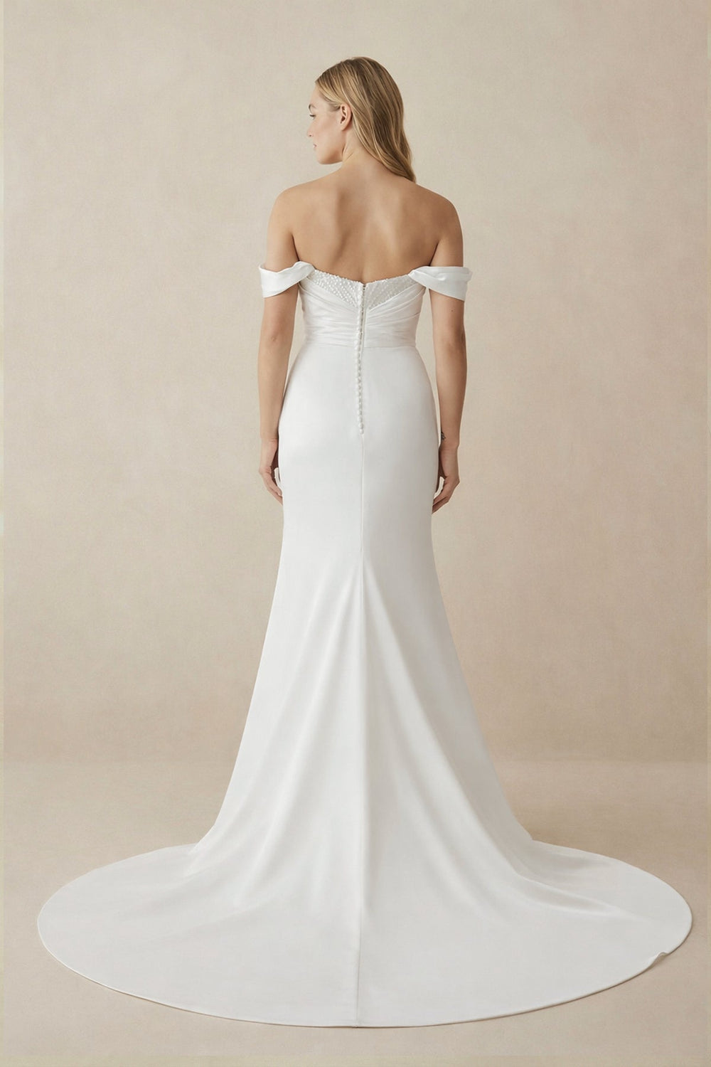 Mermaid Pearls Off - the - Shoulder Wedding Dress in White - SHE IS ME Wedding Dresses