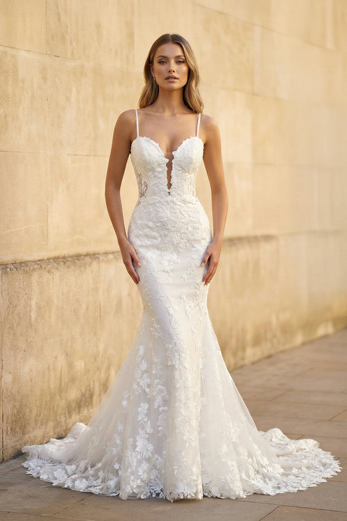 Mermaid Spaghetti Straps Lace Wedding Dress in White - SHE IS ME Wedding Dresses