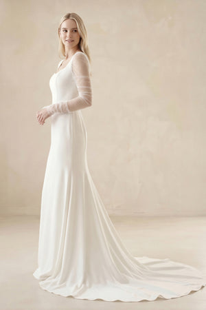 Mermaid Square Neck Long Sleeves Satin Wedding Dresses - SHE IS ME Wedding Dresses