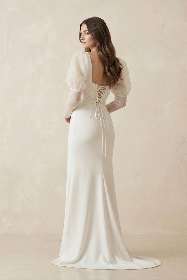 Mermaid Sweetheart Satin Long Sleeves Corset Wedding Dress in Ivory - SHE IS ME Wedding Dresses