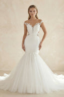 Mermaid Tulle Appliqued Off - the - Shoulder Wedding Dress in White - SHE IS ME Wedding Dresses