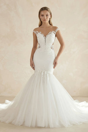 Mermaid Tulle Appliqued Off - the - Shoulder Wedding Dress in White - SHE IS ME Wedding Dresses