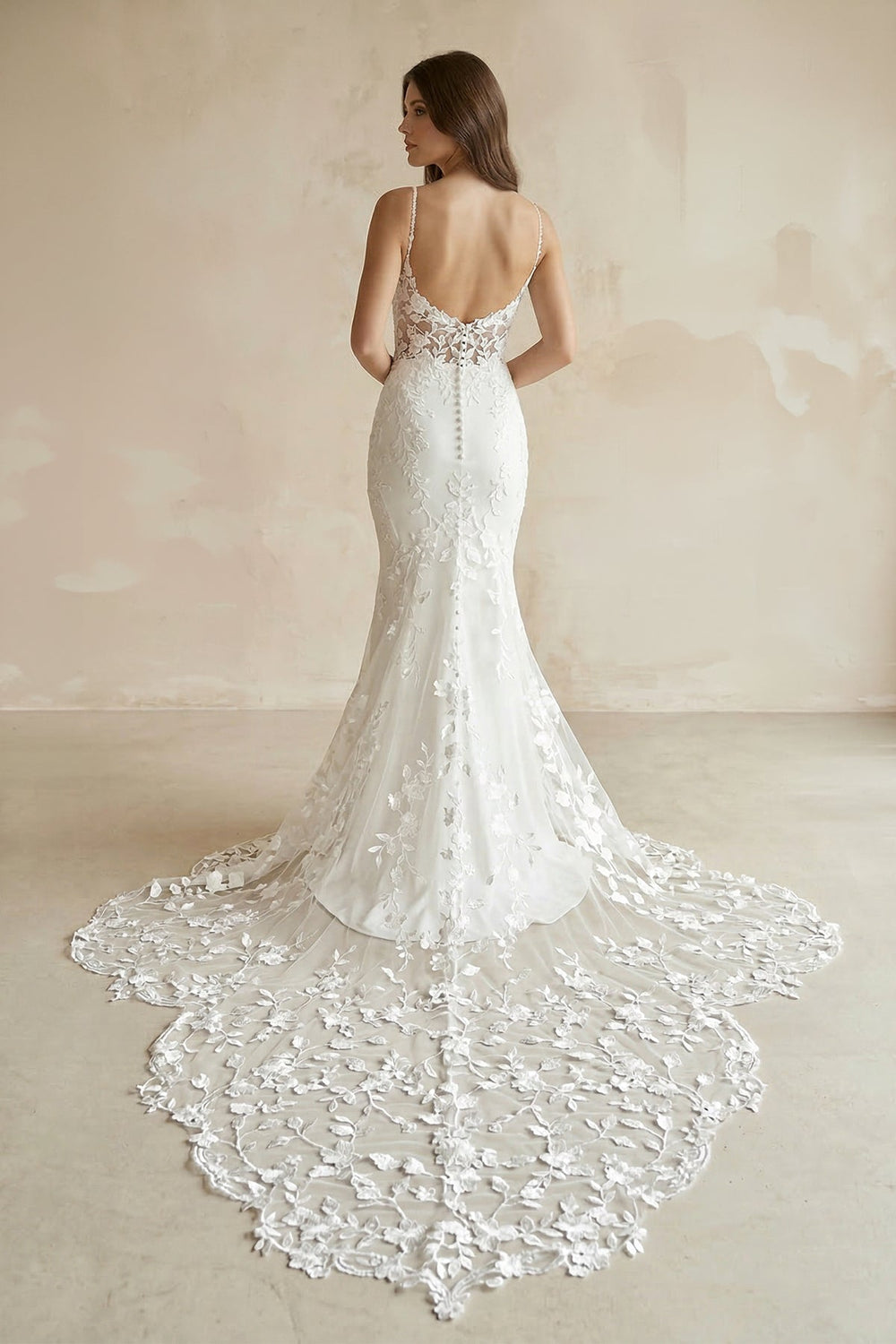 Mermaid V Neck Satin Wedding Dress With Appliques in White - SHE IS ME Wedding Dresses