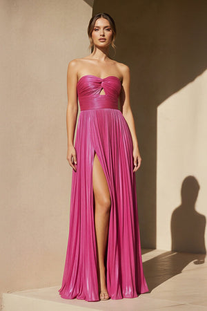 Metallic Pleated Gown With Cutout in Fuchsia - SHE IS ME