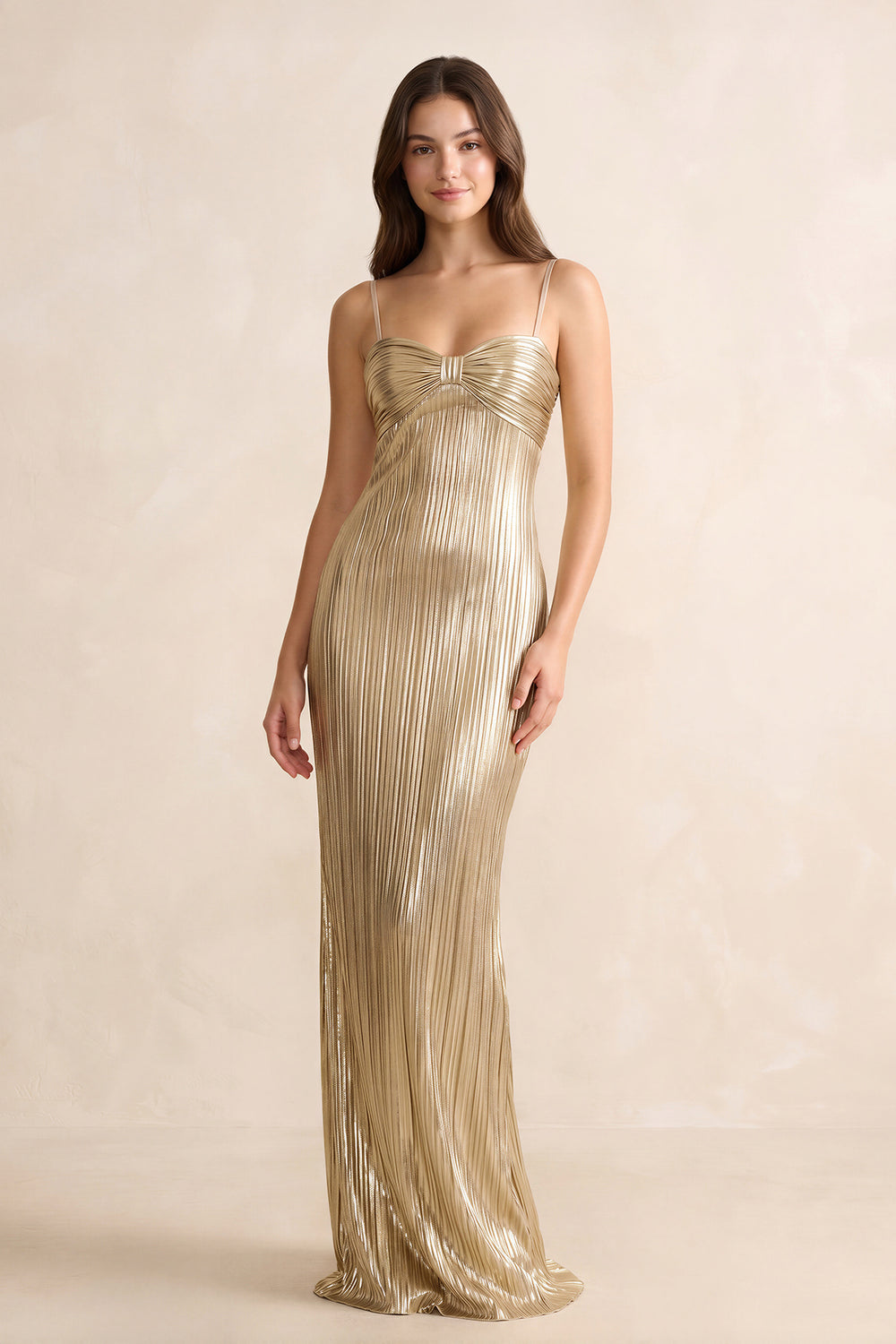 Metallic Pleated Maxi Dress in Champagne - SHE IS ME
