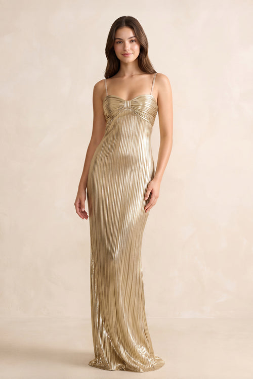 Metallic Pleated Maxi Dress in Champagne - SHE IS ME
