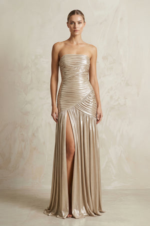 Metallic Pleated Maxi Dress With Slit in Champagne