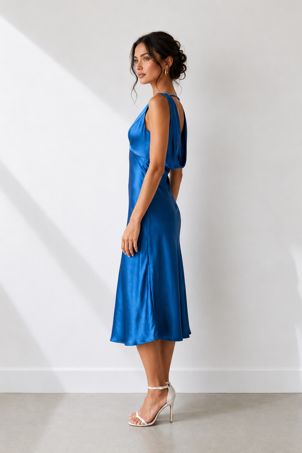 V-Neck Satin Sheath Midi Dress in Steel Blue