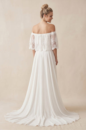 Off - the - Shoulder A - Line Chiffon Pleated Wedding Dress in White - SHE IS ME Wedding Dresses