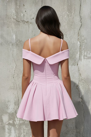 Off The Shoulder A - Line Mini Dress in Pink - SHE IS ME