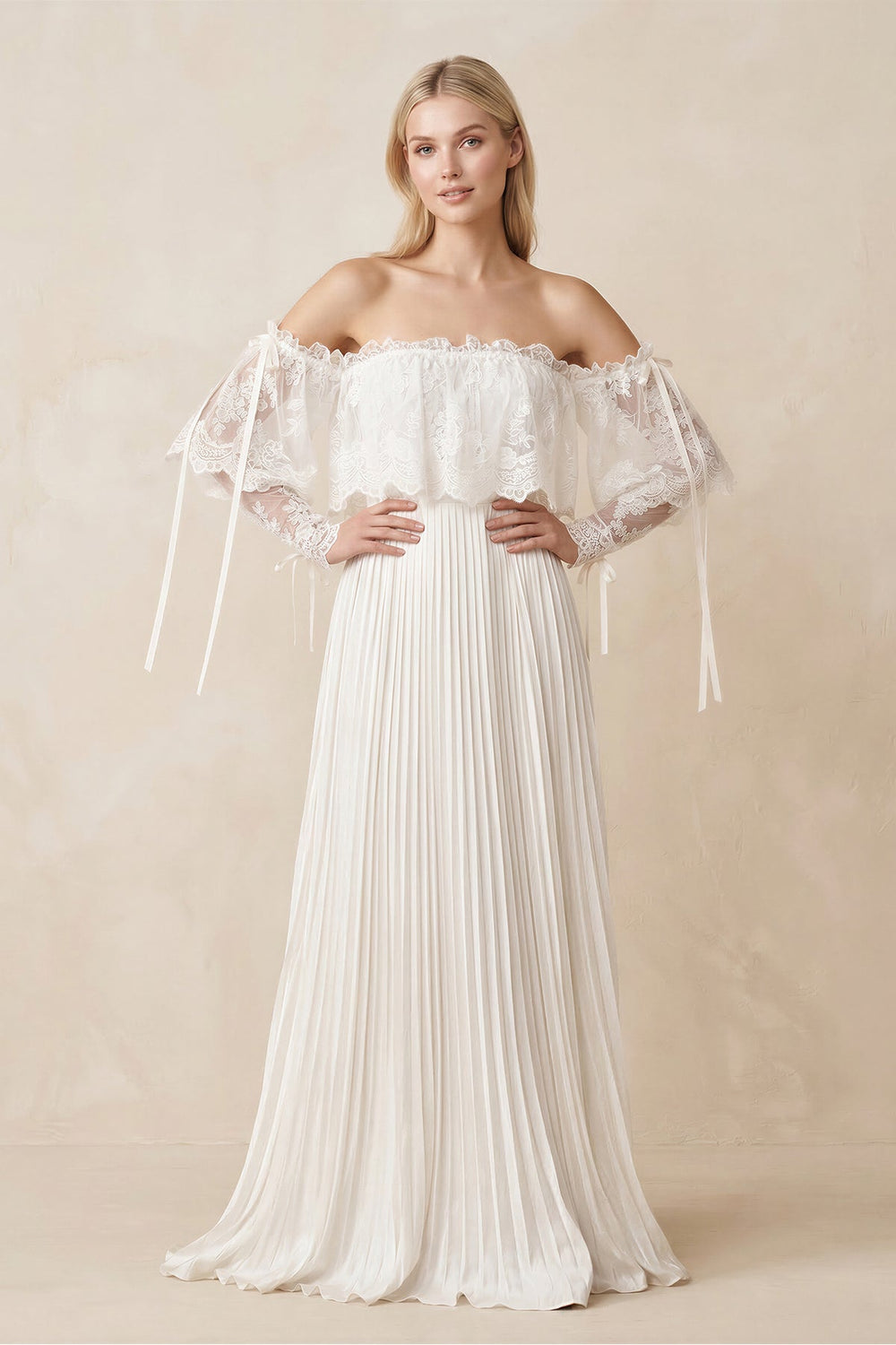 Off - the - Shoulder A - Line Pleated Appliqued Wedding Dress with Bow in Ivory - SHE IS ME Wedding Dresses