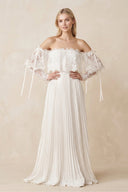 Off - the - Shoulder A - Line Pleated Appliqued Wedding Dress with Bow in Ivory - SHE IS ME Wedding Dresses