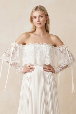Off - the - Shoulder A - Line Pleated Appliqued Wedding Dress with Bow in Ivory - SHE IS ME Wedding Dresses