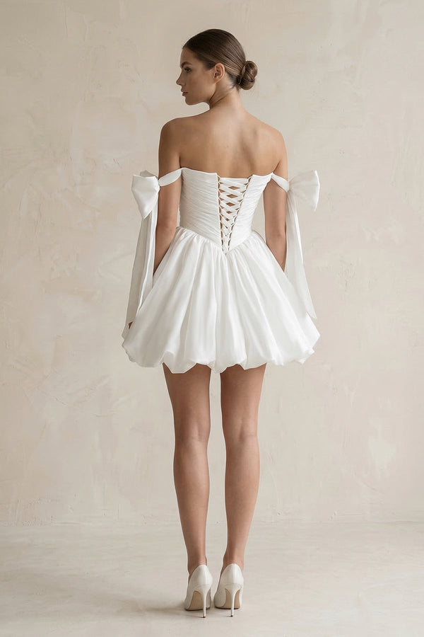 Off - the - Shoulder A - Line Ruffled Satin Pleated Mini Wedding Dress in White - SHE IS ME Wedding Dresses
