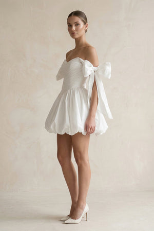 Off - the - Shoulder A - Line Ruffled Satin Pleated Mini Wedding Dress in White - SHE IS ME Wedding Dresses
