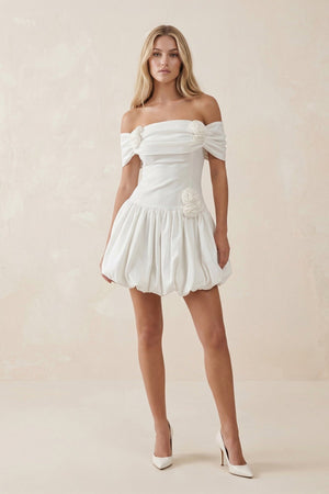 Off - the - Shoulder A - Line Satin Ruffled Mini Wedding Dress in White - SHE IS ME Wedding Dresses