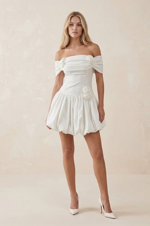 Off - the - Shoulder A - Line Satin Ruffled Mini Wedding Dress in White - SHE IS ME Wedding Dresses