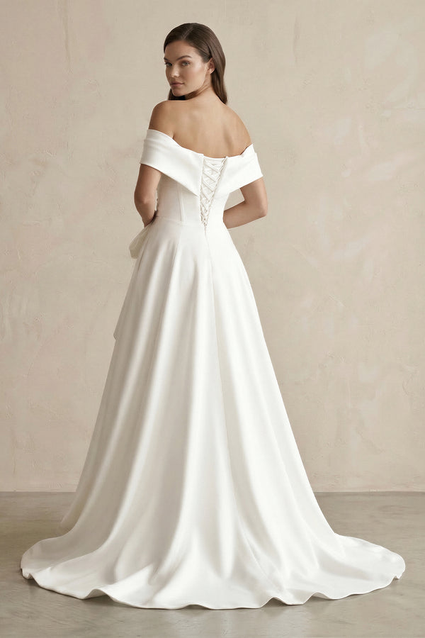 Off - the - Shoulder A - Line Satin Wedding Dress With Bow in White - SHE IS ME Wedding Dresses
