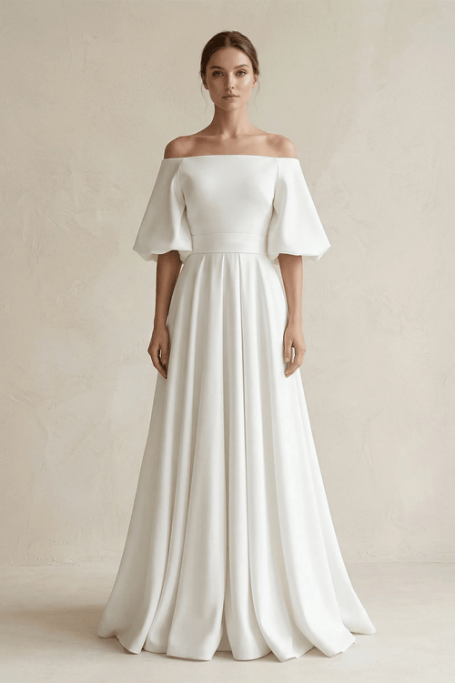 Off - the - Shoulder A - Line Satin Wedding Dress With Short Sleeves in White - SHE IS ME Wedding Dresses