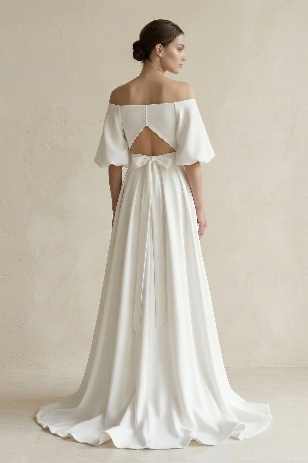Off - the - Shoulder A - Line Satin Wedding Dress With Short Sleeves in White - SHE IS ME Wedding Dresses