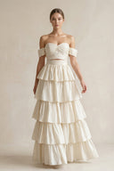 Off - the - Shoulder A - Line Tiered Chiffon Wedding Dress in Ivory - SHE IS ME Wedding Dresses