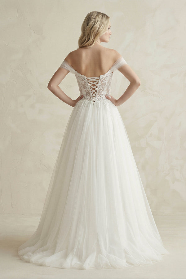 Off - the - Shoulder A - Line Tulle Appliqued Wedding Dress in White - SHE IS ME Wedding Dresses