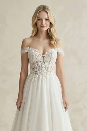 Off - the - Shoulder A - Line Tulle Appliqued Wedding Dress in White - SHE IS ME Wedding Dresses