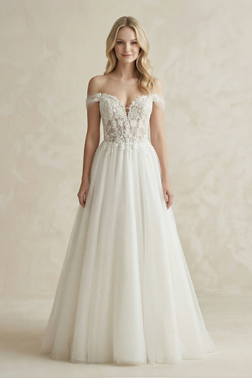 Off - the - Shoulder A - Line Tulle Appliqued Wedding Dress in White - SHE IS ME Wedding Dresses