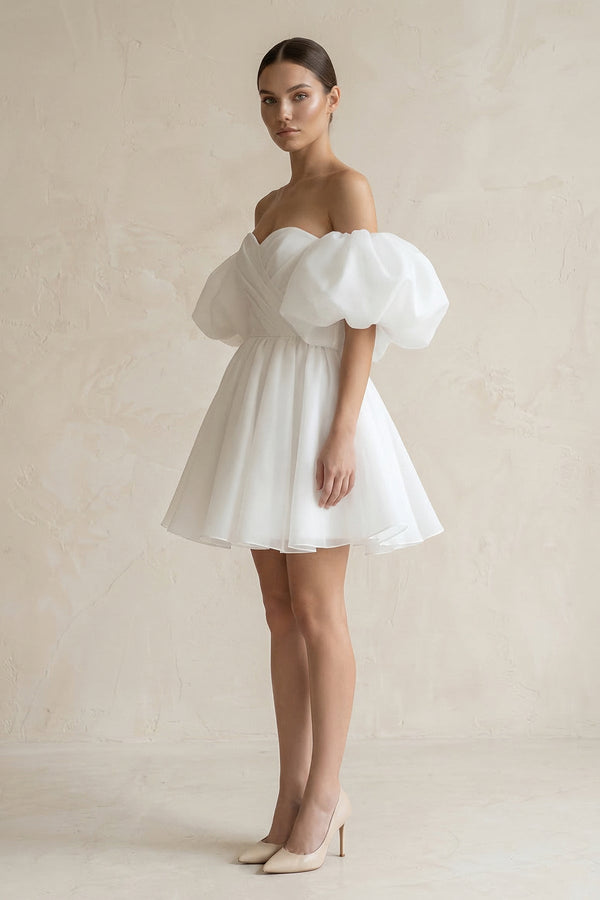 Off - the - Shoulder A - Line Tulle Mini Wedding Dress in White - SHE IS ME Wedding Dresses