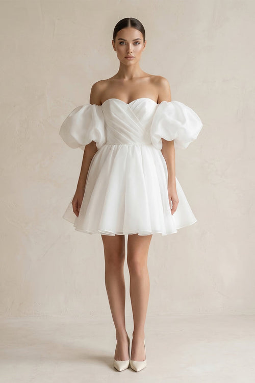 Off - the - Shoulder A - Line Tulle Mini Wedding Dress in White - SHE IS ME Wedding Dresses