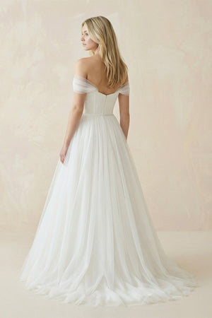 Off - the - Shoulder A - Line Tulle Pleated Wedding Dress in White - SHE IS ME Wedding Dresses
