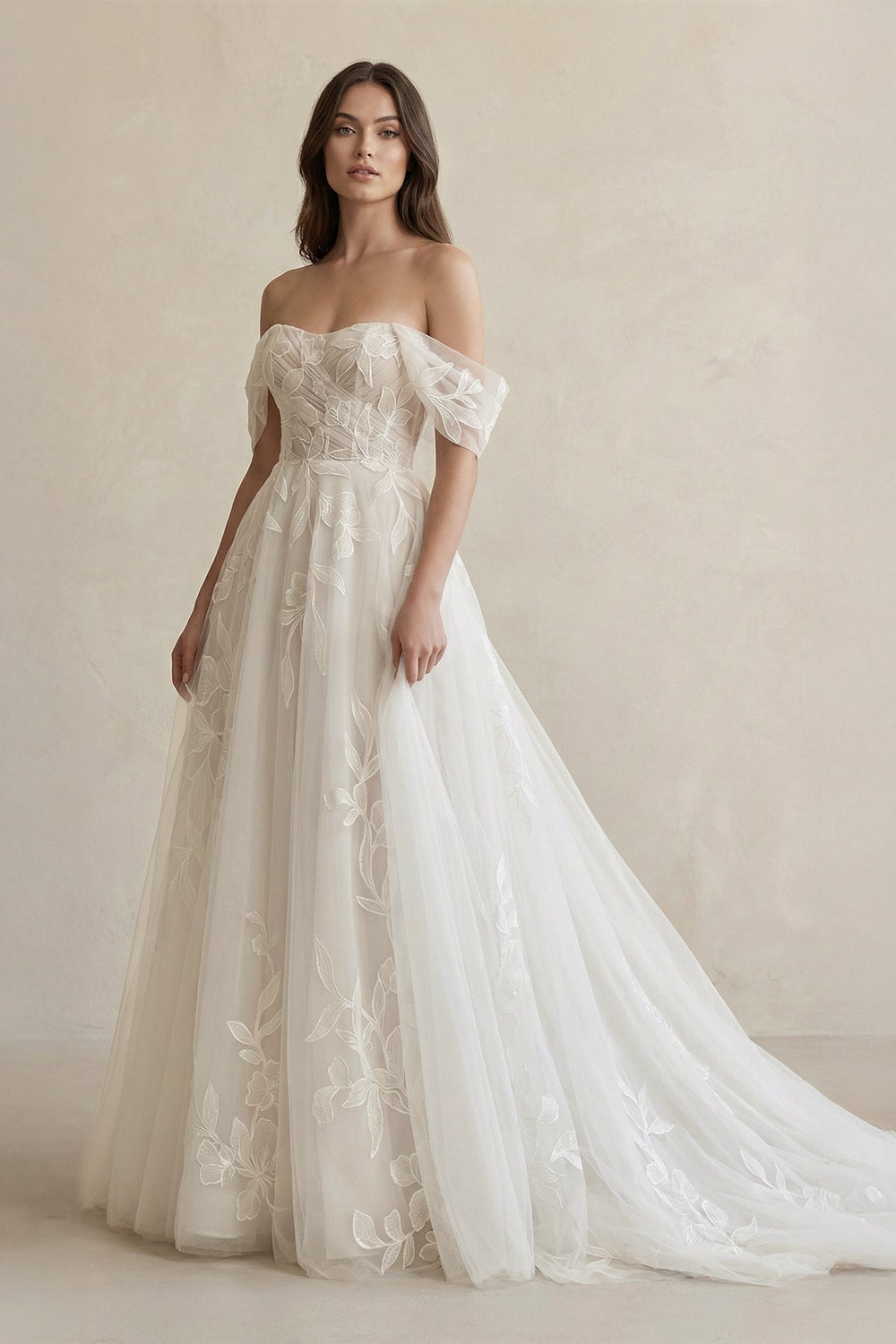 Off The Shoulder A Line Tulle Wedding Dress With Appliques in Ivory - SHE IS ME Wedding Dresses