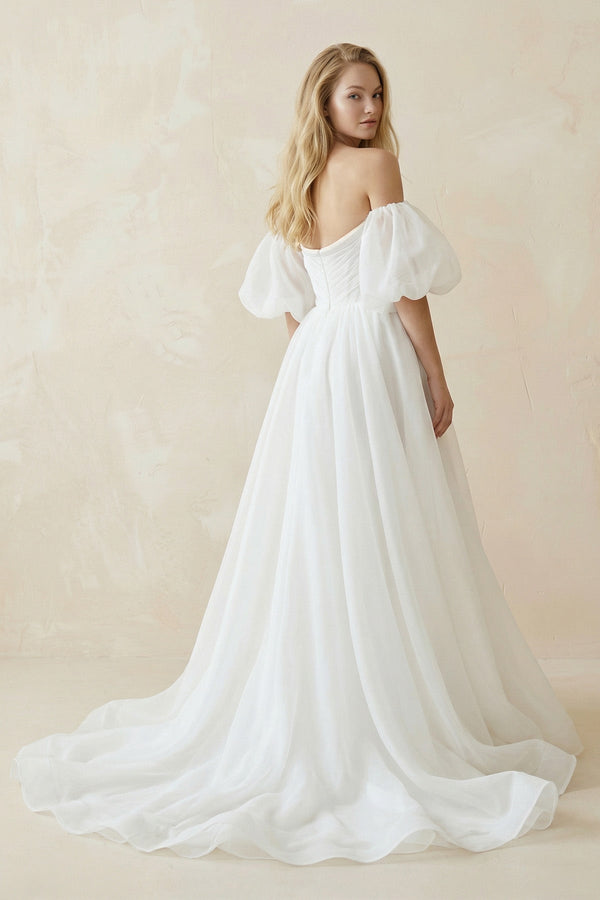 Off - the - Shoulder A - Line Tulle Wedding Dress With Puff Sleeves in White - SHE IS ME Wedding Dresses