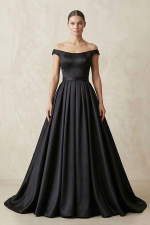 Off - the - Shoulder Boat Neck Satin A - Line Wedding Dress in Black - SHE IS ME Wedding Dresses