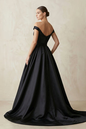 Off - the - Shoulder Boat Neck Satin A - Line Wedding Dress in Black - SHE IS ME Wedding Dresses