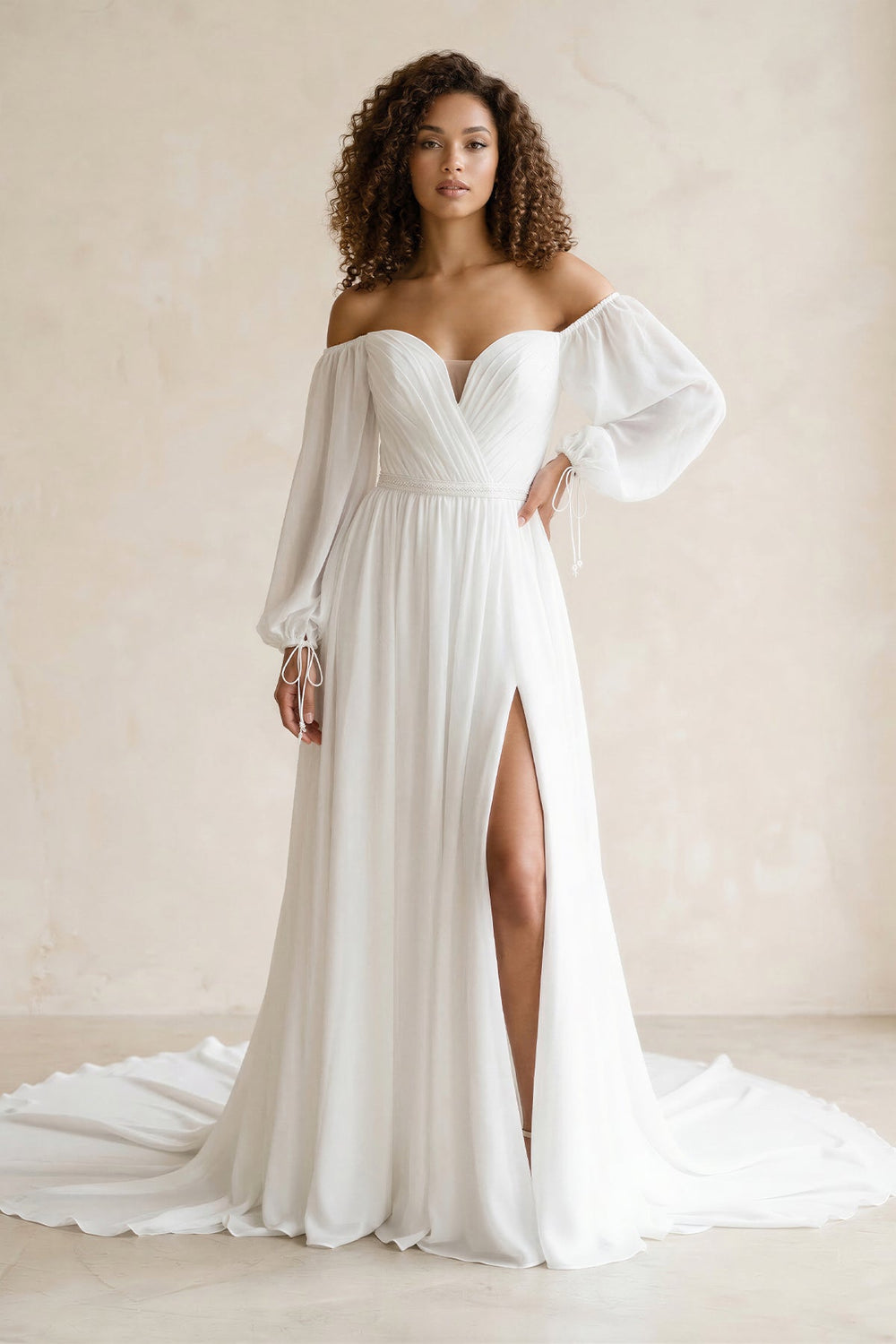 Off - the - Shoulder Chiffon A - Line Pleated Long Sleeve Wedding Dress in White - SHE IS ME Wedding Dresses