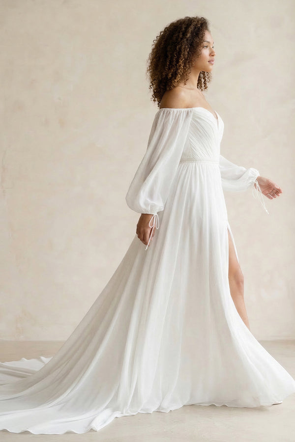 Off - the - Shoulder Chiffon A - Line Pleated Long Sleeve Wedding Dress in White - SHE IS ME Wedding Dresses