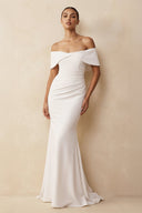 Off - the - Shoulder Crepe Mermaid Wedding Dress in White - SHE IS ME Wedding Dresses